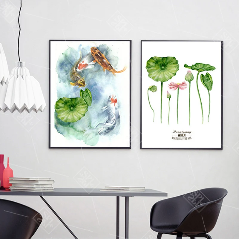 Картина в китайском стиле с чернилами Koi Fish Lotus Flower винтажная Настенная картина