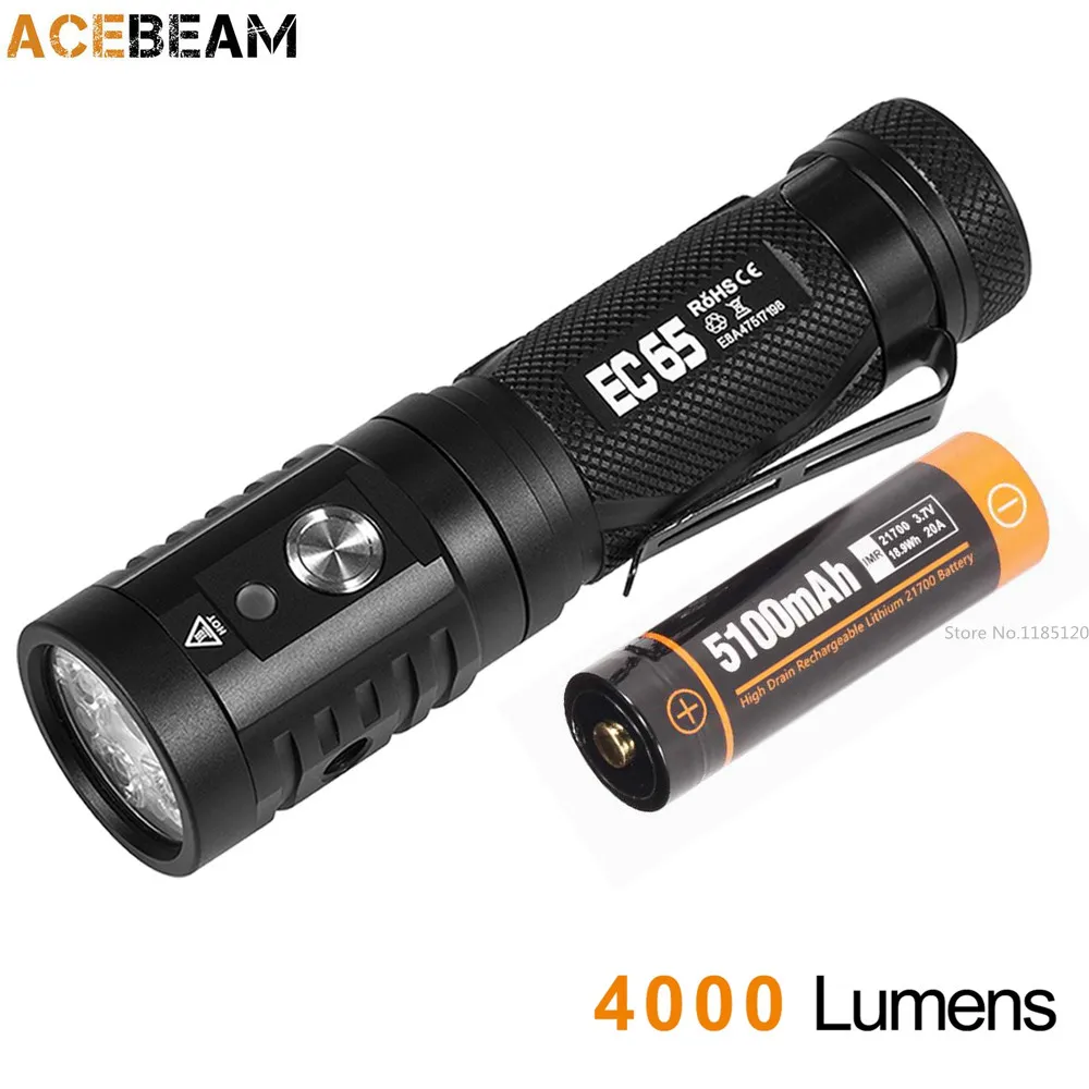 ACEBEAM EC65 тактический фонарик XHP35 HI NICHIA 4x90 + CRI светодиоды max 4000лм луч бросок 258 м Факел
