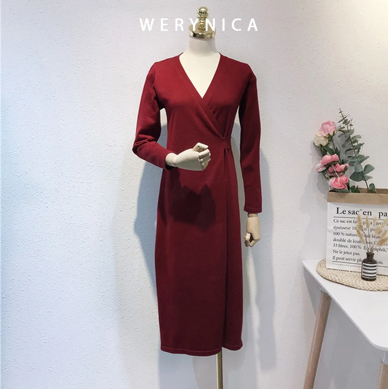 Werynica Женское трикотажное платье Модное Новое Осеннее 2019 женское с длинным