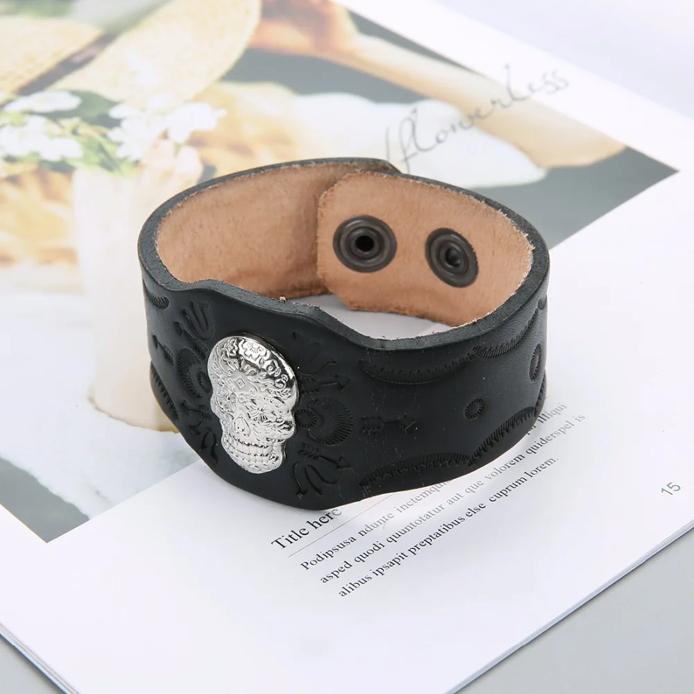 LOULEUR Black &amp Brown Punk Shantou Genuine Leather Bracelet Men Vintage Wide Cuff Bangles Adjustable Wristband Male Rock Jewelry |