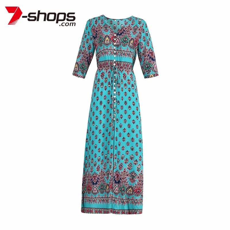 Женское Макси-платье AECU с V-образным вырезом и принтом Пляжное длинное