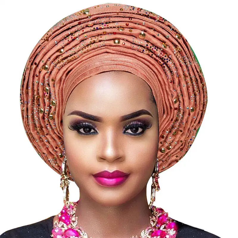 peach Популярный женский головной убор aso oke auto gele для aso ebi Африканский головной убор с бисером - Цвет: peach