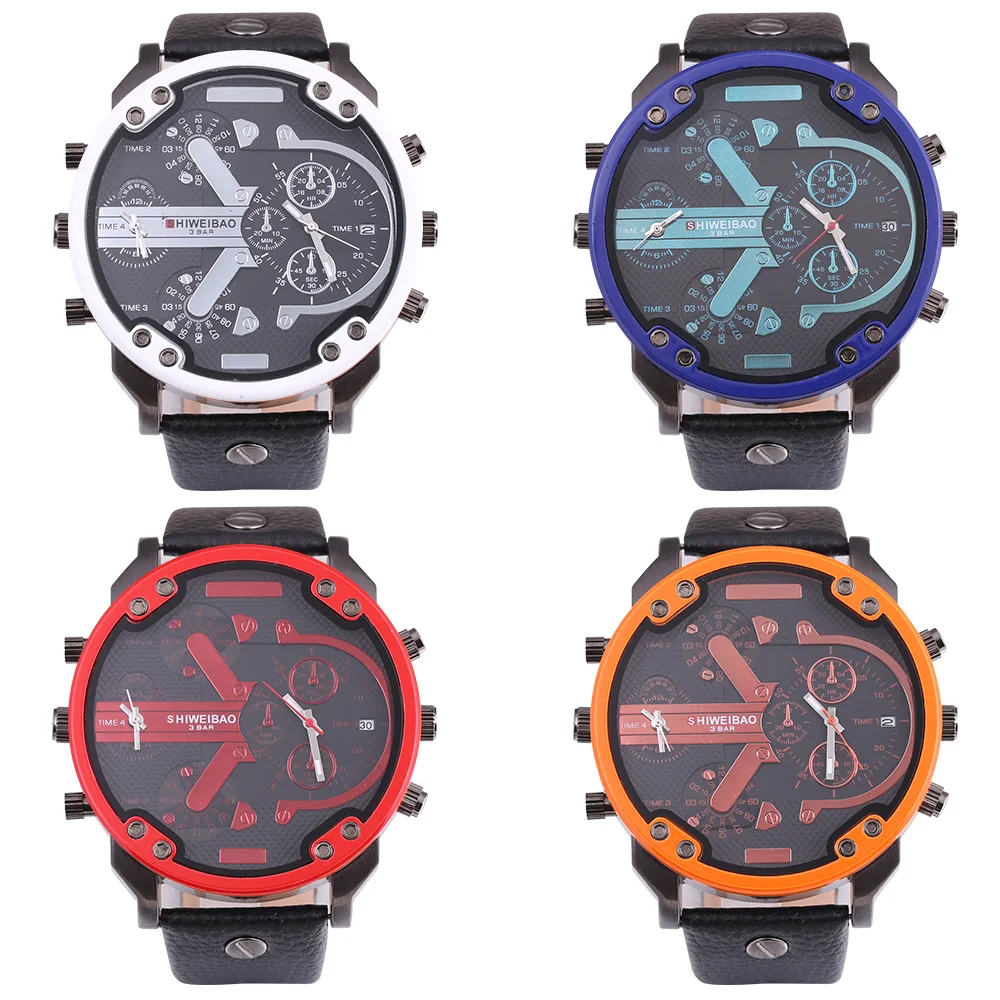 

Мужские кварцевые часы, с большим циферблатом, с кожаным ремешком, черные, военные, спортивные, 2019