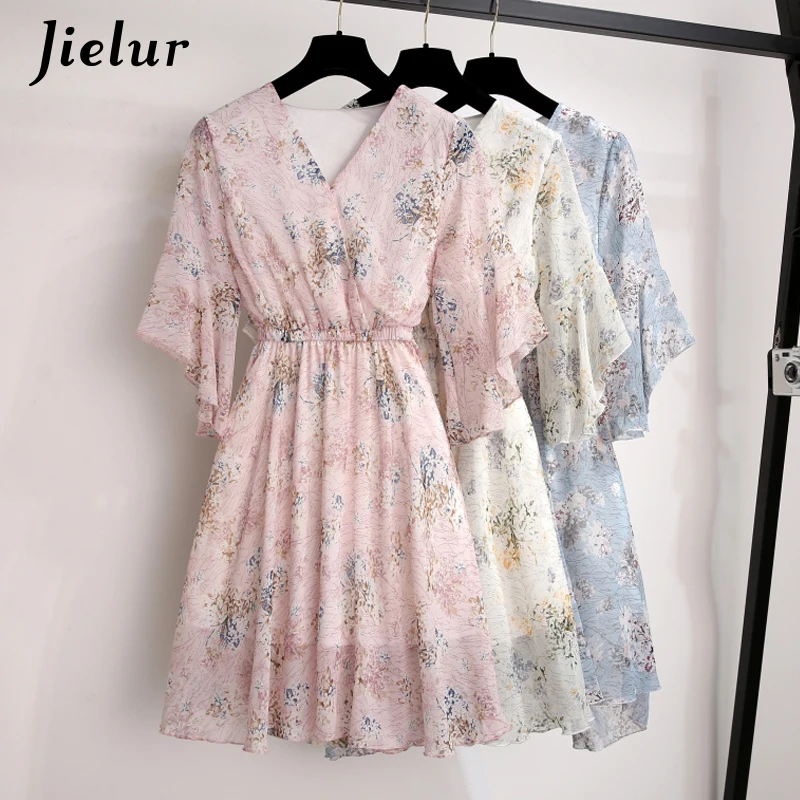 Jielur Elegant V-neck Flare Sleeve Women White Dress Summer Chiffon Ruffles Floral Print A-line Slim Elastic Midi Vestidos | Женская
