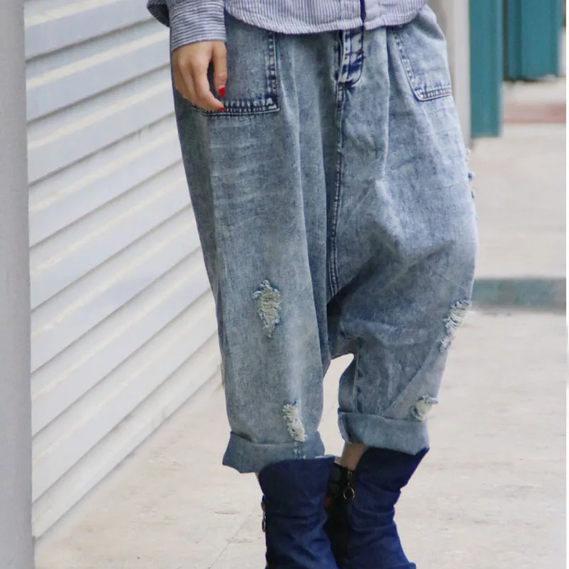 Женские джинсы в стиле хип хоп свободные с дырками разорванный гарем|pants with holes|denim