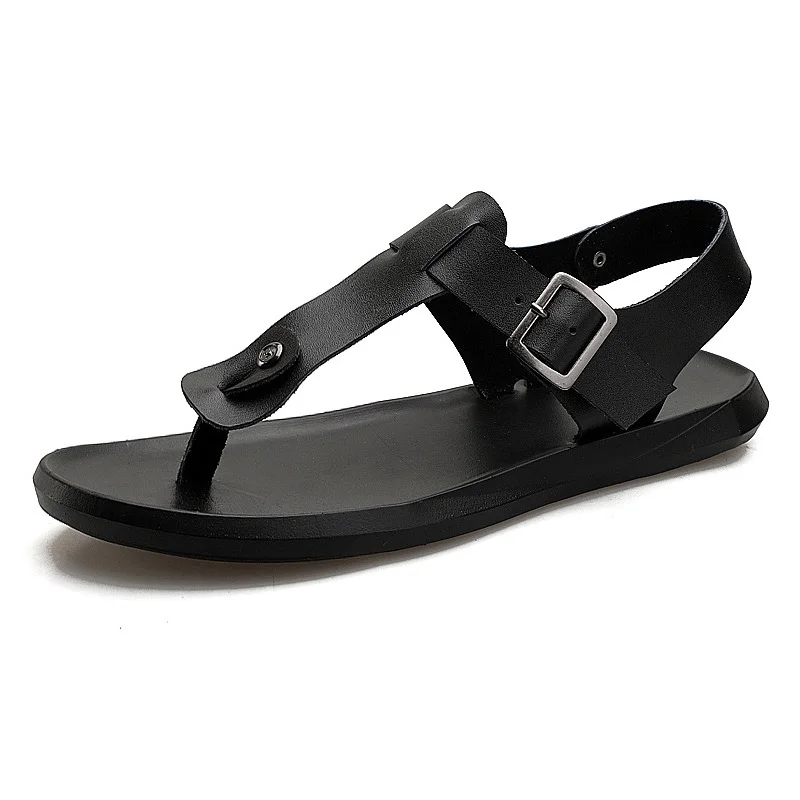 Мужские сандалии из натуральной кожи пляжные шлепанцы плоская подошва