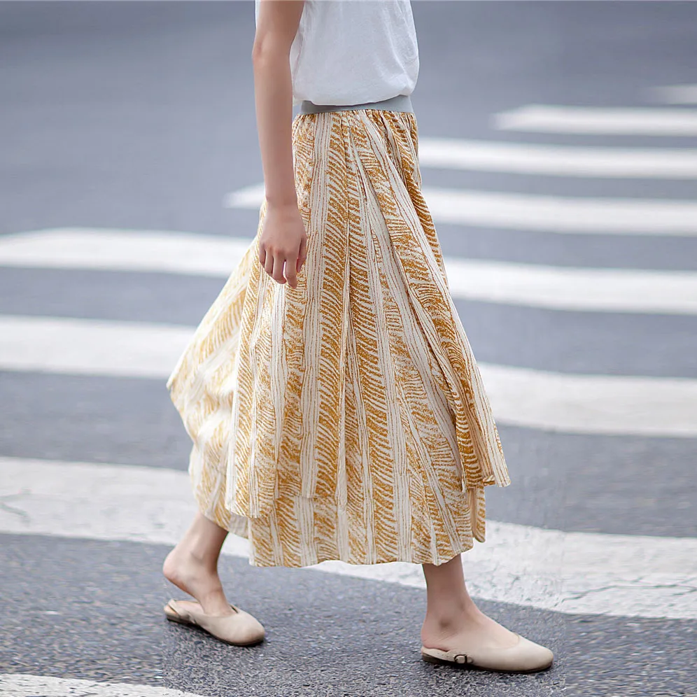 New Flowing irregular culotte summer trousers with batik cotton and linen wide pants loose double layer printed pantalon | Женская