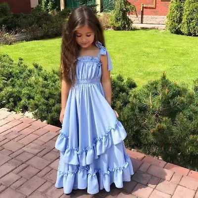 Летнее однотонное синее платье принцессы для девочек 3-10 лет | Мать и ребенок