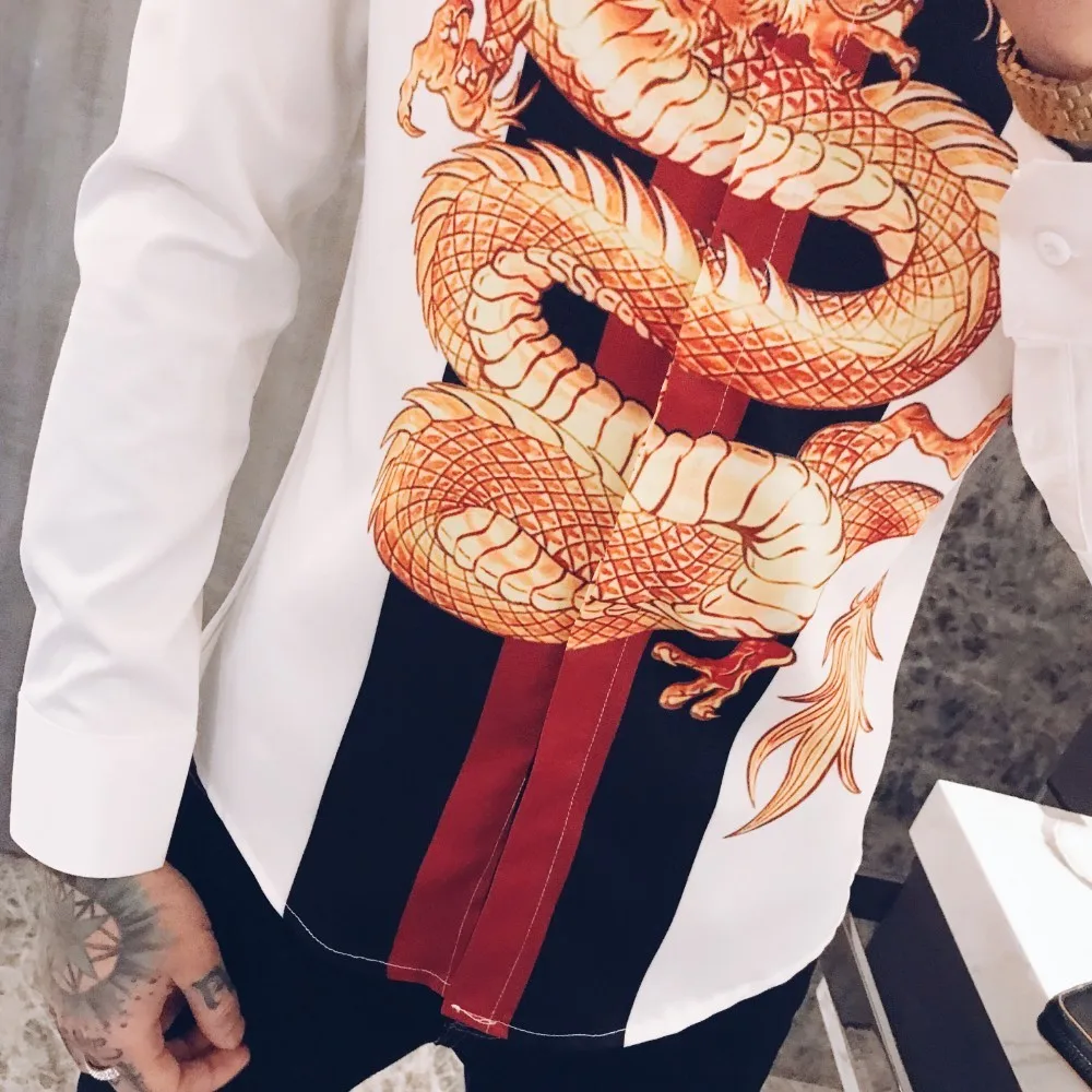 Роскошные сплайсированные ночной клуб смокинг модное платье рубашка Camisa Hombre Slim Fit рубашка Мужская Уличная с принтом дракона Мужская рубашка мужские рубашки