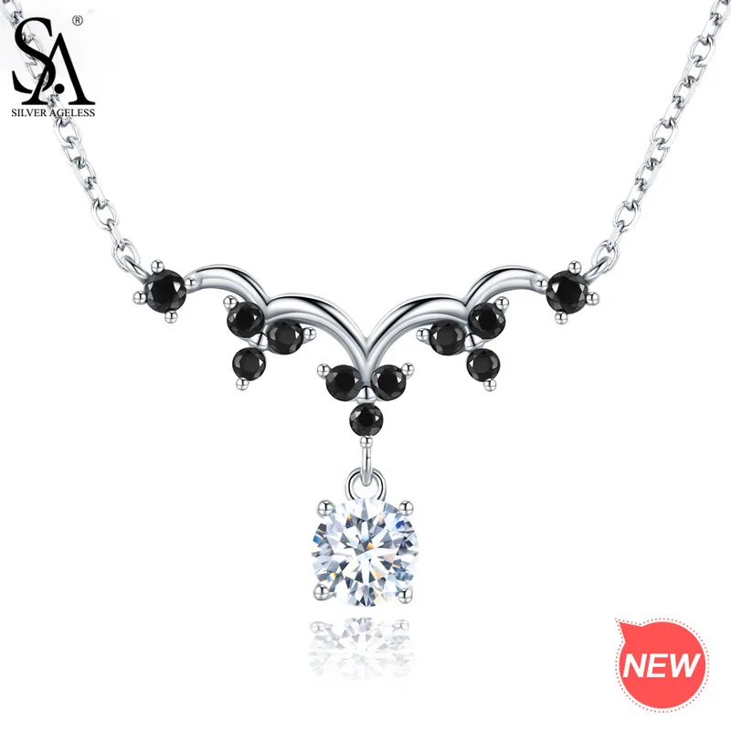SILVER AGELESS Real 925 Sterling Silver White Zircon/Black Spinel Pendant Necklace for Woman Beautiful Chian | Украшения и