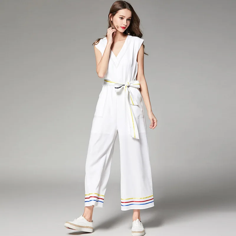 

Women's Jumpsuits Solid White loose piece pants Woman Sexy Wide leg Jumpsuits Elegant Female Sleeveless V-Neck Piece Pants