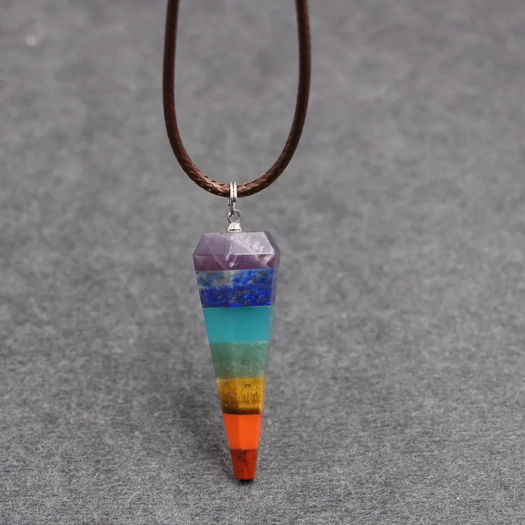 Natural crystal energy stone colorful chakra cone spirit swing sweater chain necklace men and women pendant hypnosis props | Украшения и