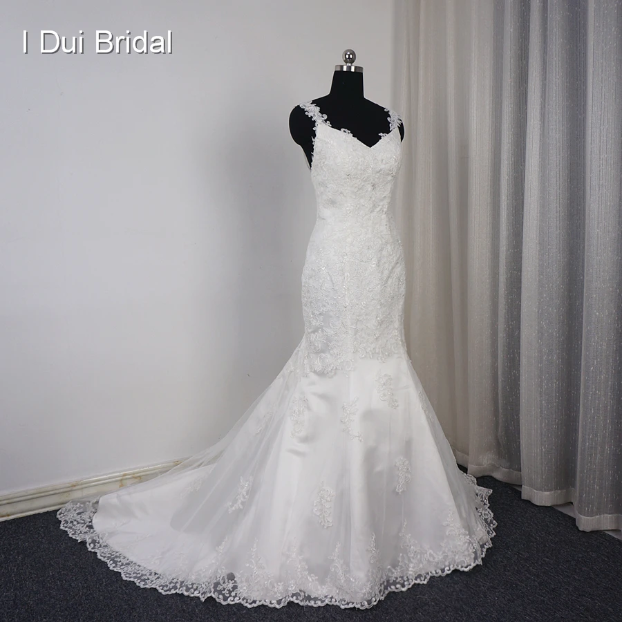 

Lace Mermaid Wedding Dress Backless Appliqued Unique Bridal Gown Real Photo