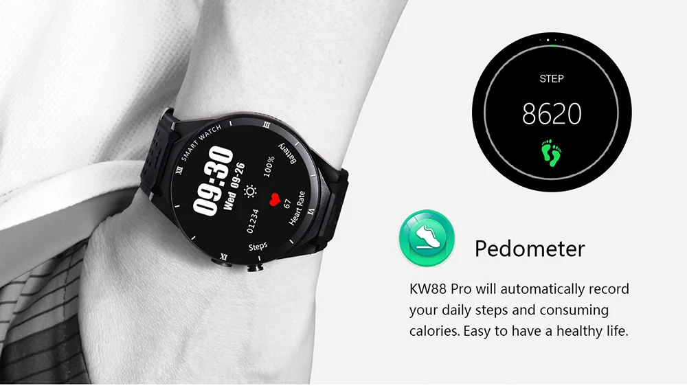 Смарт-часы KingWear KW88 Pro 3g с сердечком 1,39 дюйма, 1 ГБ, 16 ГБ, Android 7,0, четырехъядерный процессор MTK6580 1. 3G Гц, Bluetooth, напоминание о малоподвижности