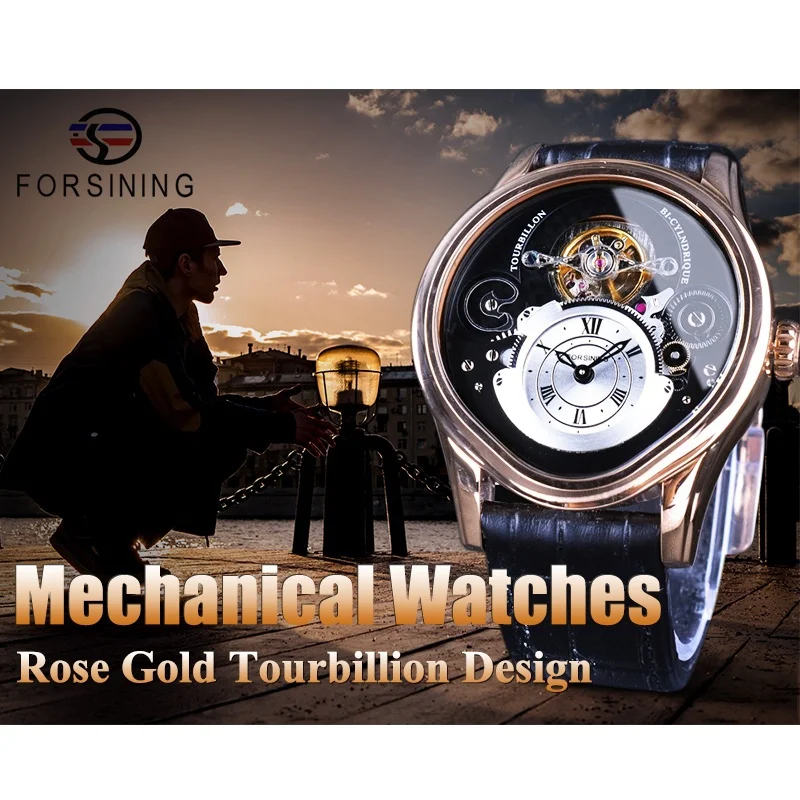 Forsining розовое золото Tourbillion натуральная кожа мужские механические полный
