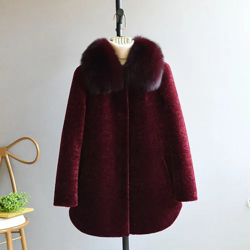 OFTBUY зимняя женская куртка из натурального меха, пальто для стрижки овец, Женское шерстяное пальто для женщин среднего возраста, Воротник из натурального Лисьего меха, Толстая теплая - Цвет: wine red