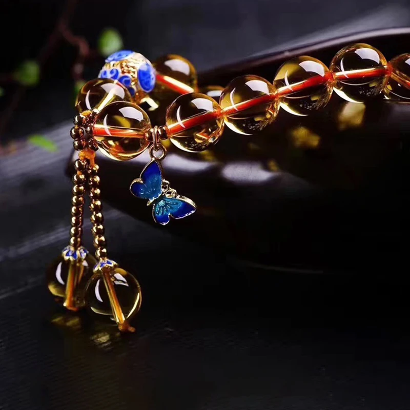 Yellow Crystal Bracelet 12mm Round Beads Baked Blue Accessorie Wealth Lucky for Women Japanese and Korean Style Jewelry | Украшения и