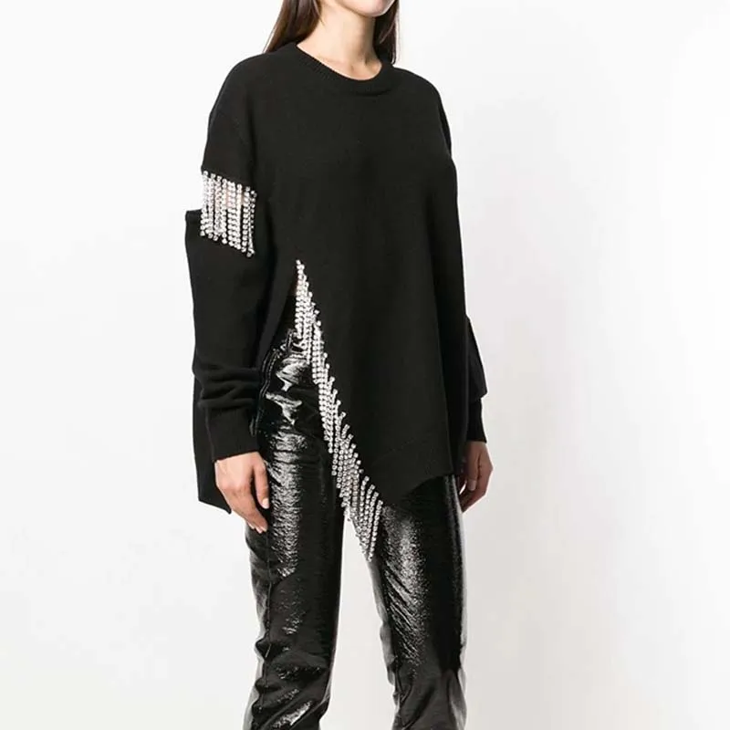 YNZZU Rhinestone Tassel Chic Women's Sweater 2019 Spring Casual Hollow O Neck Women Pullovers Loose Jumper pull femme YT511 | Женская