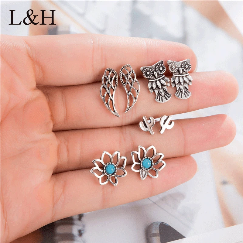

Vintage Hollow Out Angel Wing Flower Stud Earrings Bohemian Women Fashion Owl Cactus Statement Jewelry Pendientes Femme