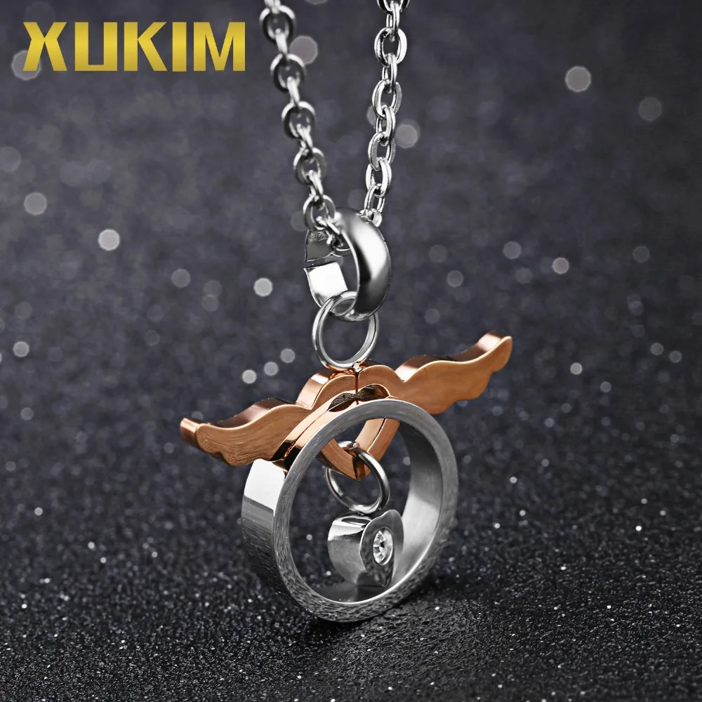 Xukim Jewelry Punk 316L Stainless Steel Titanium Angle Wings Love Heart Pendant Necklace Gifts for Lover Couples | Украшения и