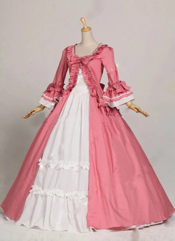 

Классические платья 18-го века в Королевском готическом викторианском стиле, розово-белые хлопковые Бальные платья с длинными расклешенным...