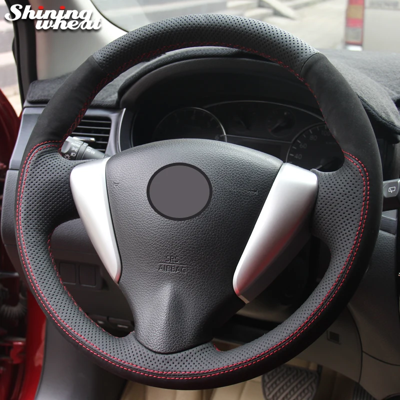 

BANNIS Black Suede Black Genuine Leather Car Steering Wheel Cover for Nissan Tiida Sylphy Sentra Versa Note 2014-2017
