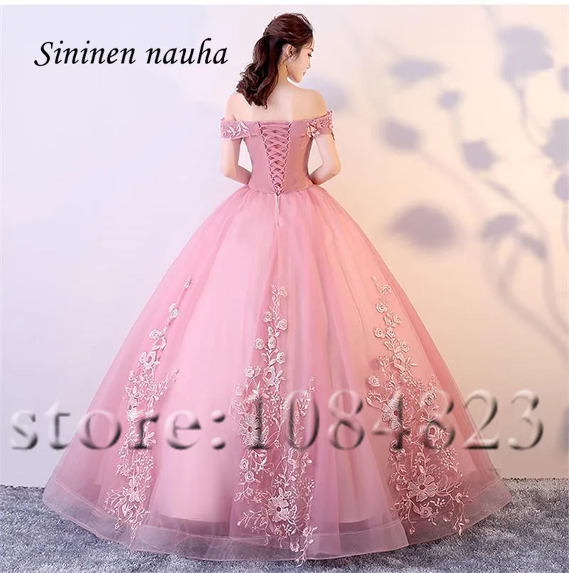 Розовые бальные платья Quinceanera с рукавами и открытыми плечами аппликацией Vestidos De 15