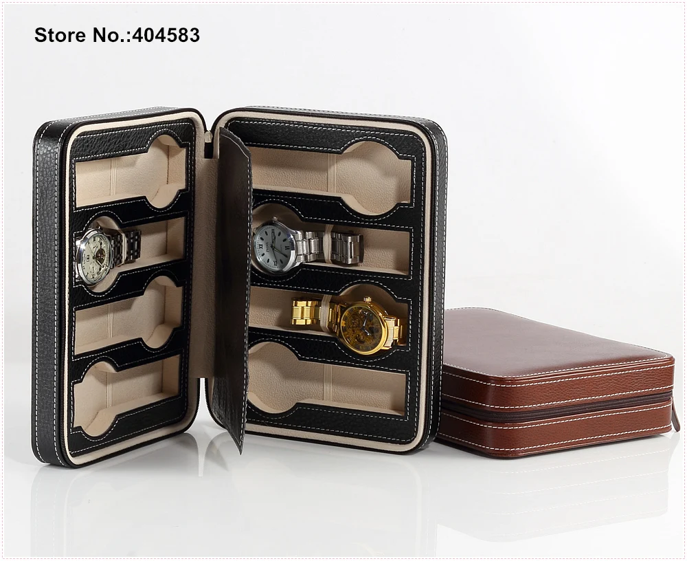 

High Grade 8 Slot China Zippered Brown Black Pu Leather Solid Travel Jewelry Case Bag Watch Display Box