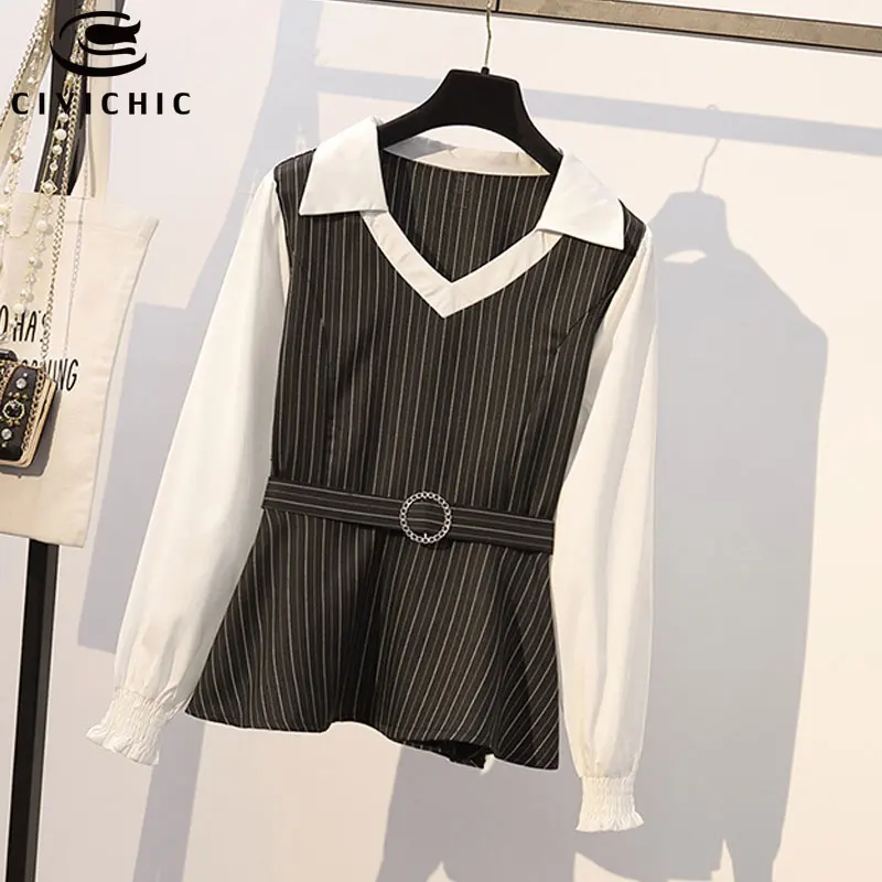 CIVI CHIC Big Size Women V Neck Pullover Shirt Striped Pants 2 PCS Set Spring Long Sleeve Tops Slim Trousers OL Two Piece WSET11 |