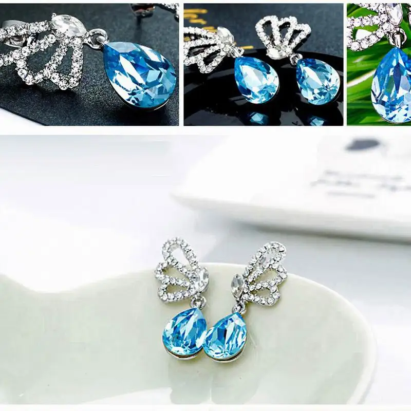 4Pairs wholesale Fashion Party Silver color Rhinestone Crystal Cute Lovely Butterfly Water Drop Earrings for women Jewelry | Украшения и