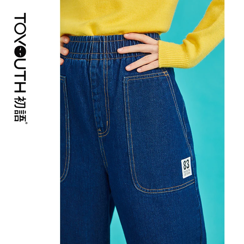 Toyouth Womens Plus Jeans Denim Wide Leg Boyfriend Loose Pants Elastic Women Casual Blue Ladies Autumn 2018 | Женская одежда