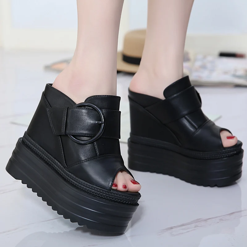

14CM wedge super high heel increase within shoes muffin bottom women's shoes waterproof platform thick sandals and slippers