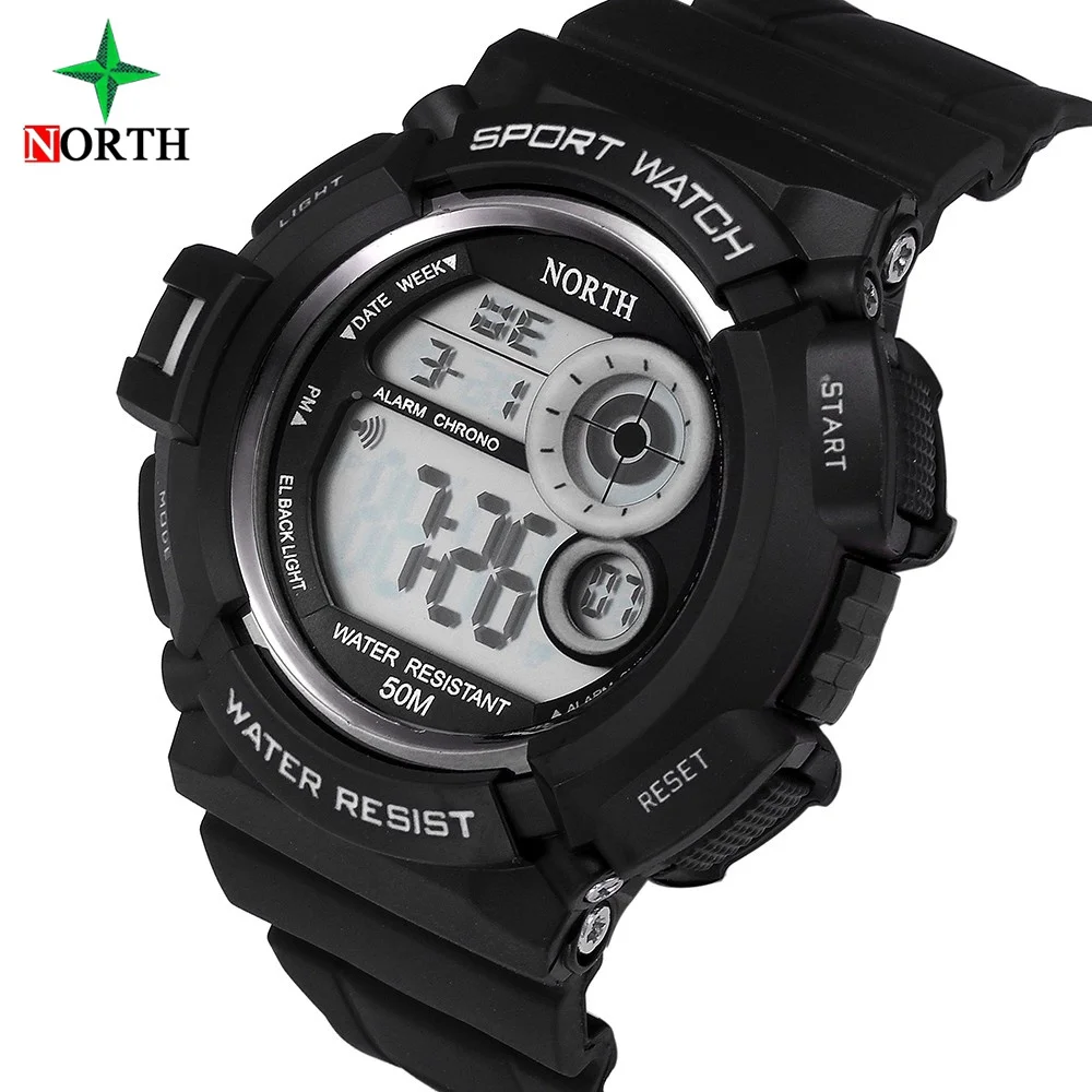

Мужские Цифровые спортивные часы NORTH Brand, водонепроницаемые часы 50 метров для плавания, дайвинга, армейские военные часы, повседневный свето...