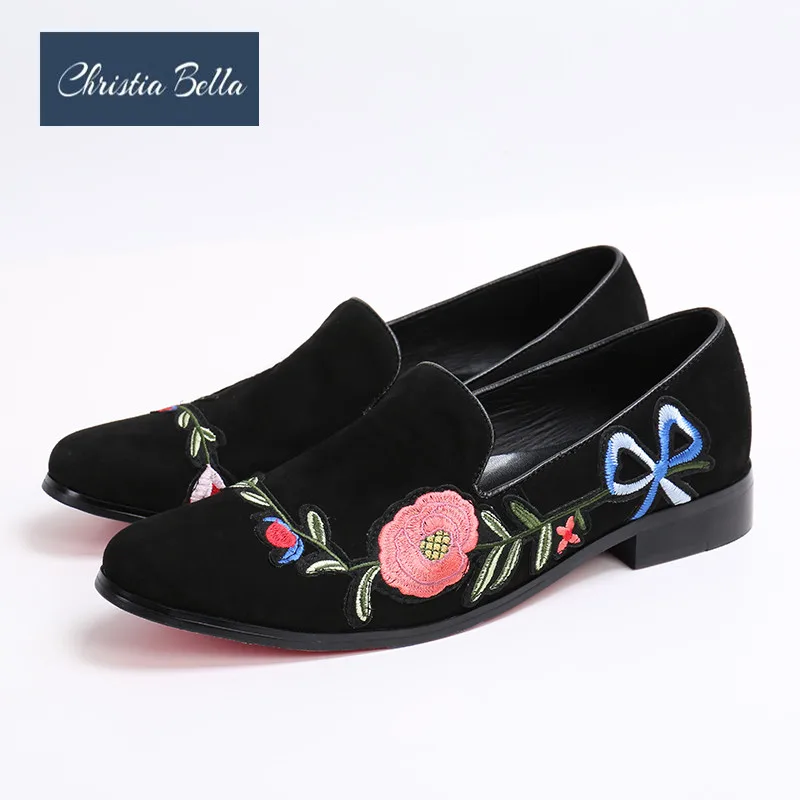 Christia Bella British Flowers Embroidery Suede Leather Men Loafers Fashion Party Dress Shoes Slip on Male Flats | Обувь