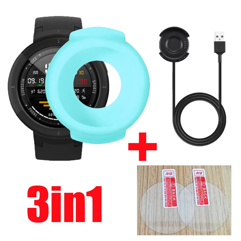 3в1 Huami amazfit 3 verge чехол для смарт-часов Браслет Силиконовый мягкий+ USB зарядное устройство кабель док-станция зарядка+ стекло Защита экрана - Цвет: Синий