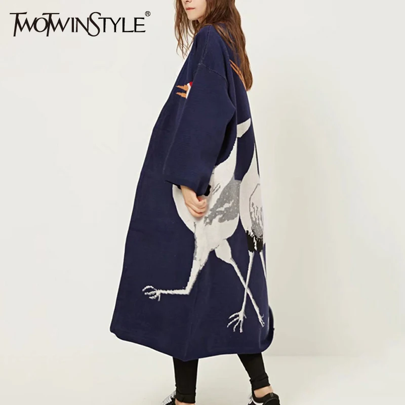 TWOTWINSTYLE Stork Female Cardigan Sweater for Women's Winter Jumper Coat Kimono Vintage Knitted Long Trench Windbreaker |