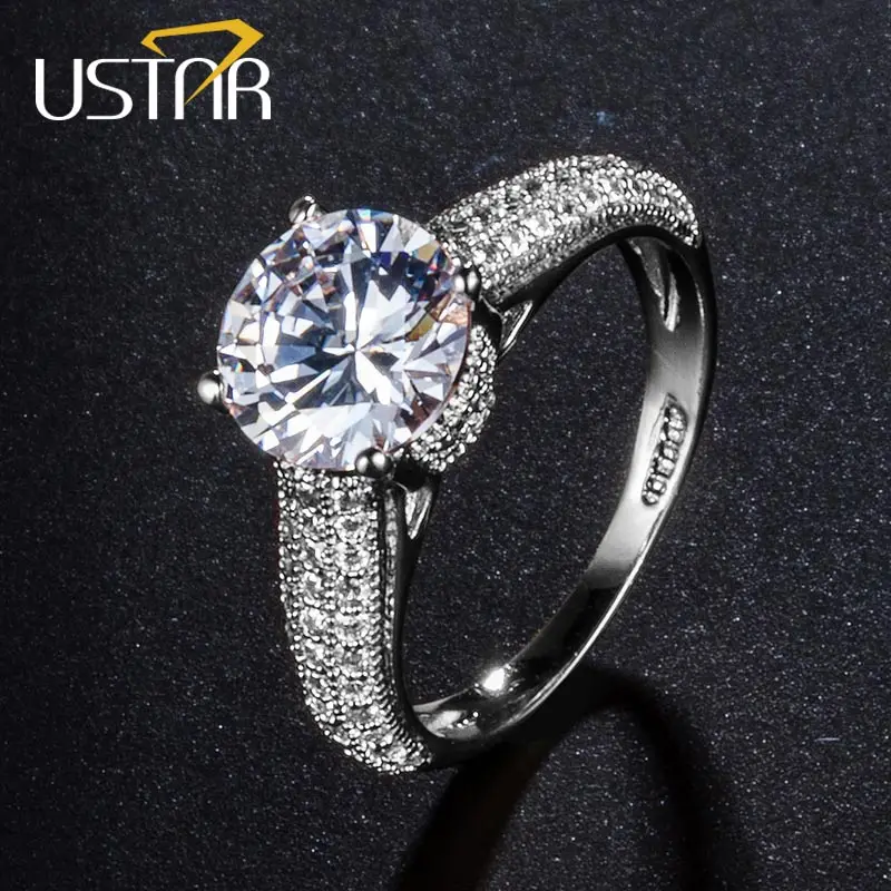USTAR 1.25ct 7 мм AAA циркон обручальные кольца для женщин ювелирные изделия розовые золотистые Кристаллы Женские кольца для помолвки Anel высшего качества