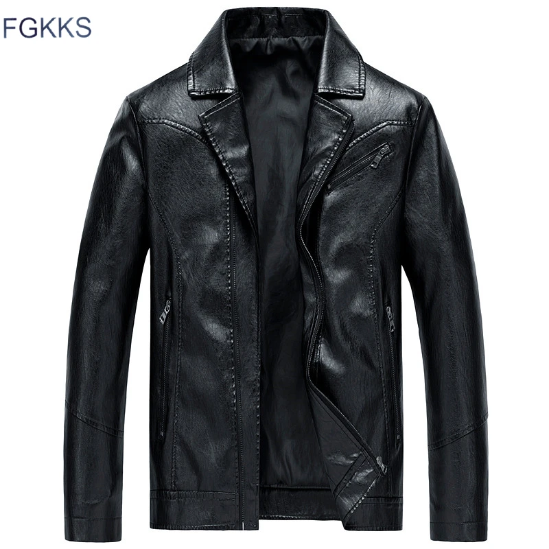 FGKKS Fashion Men Leather Jackets Clothing Autumn Winter Male Slim Fit Faux Jacket Coat Men's Solid Color PU | Мужская одежда