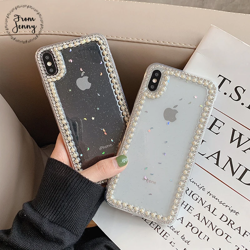 From Jenny Epoxy glitter rhinestone pearl for iPhone 11 pro x xr xs max 6 6s 78 Plus transparent silicone soft shell |