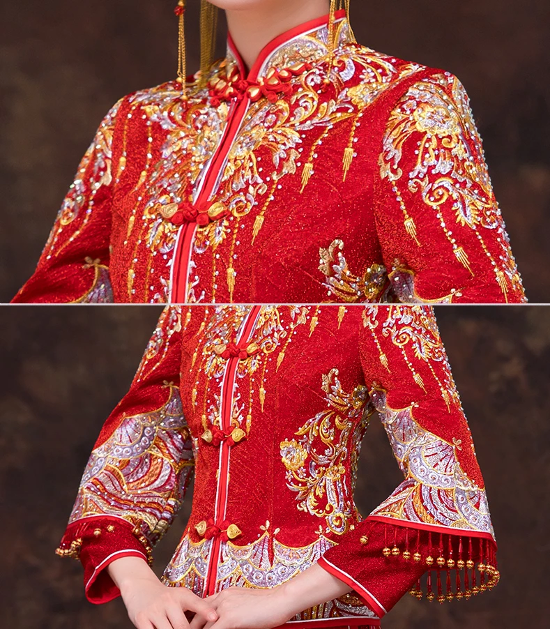 

Red traditional Chinese style Bride wedding Dresses Embroidery cheongsam gown robe Party evening dress marry Qipao Vestido S-XXL