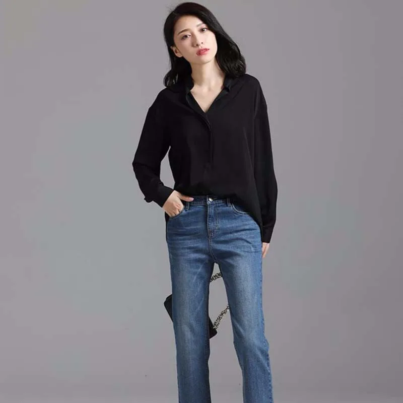 

Office Lady Chiffon Solid Tops And Blouses Womens Wild Blouse Female Temperament V-Neck Loose Full Sleeve Shirt