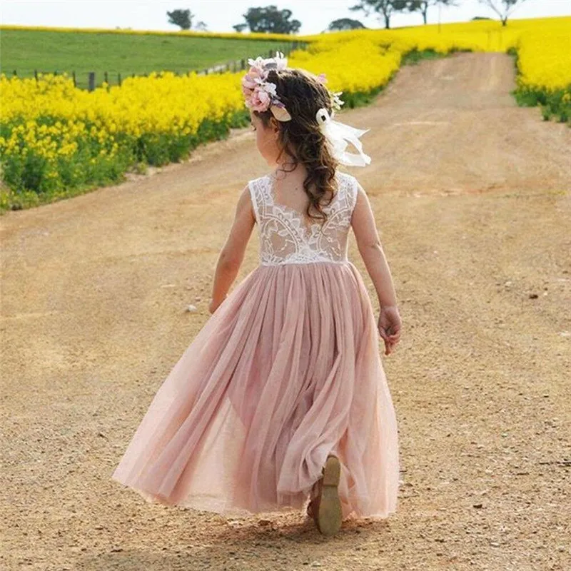 Детское кружевное платье для девочек летнее Пышное Платье с открытой спиной дня