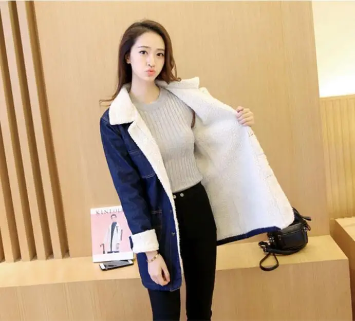 2018 зимняя женская толстая овечья шерсть мех Базовая джинсовая куртка с длинным