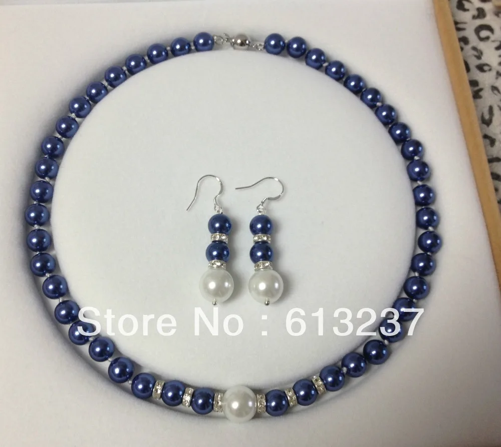 

Free shipping 8mm blue simulated-pearl shell chains rope necklaces earrings round beads diy hot sale jewelry set 18inch YE00010