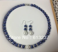 free shipping 8mm blue simulated pearl shell chains rope necklaces earrings round beads diy hot sale jewelry set 18inch ye00010
