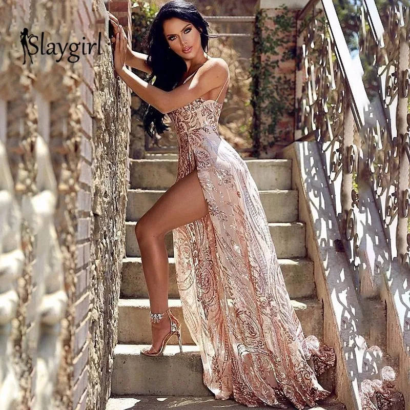 Slaygirl Sequin Sexy Maxi Dress Women 2018 V Neck Sleeveless High Split Party Long Spaghetti Strap autumn Club Vestidos | Женская одежда