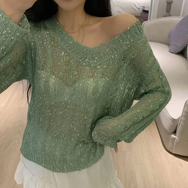 Korean Women Sweater Summer Clothes Woman Trend Transparent Pullover Knitted Femme Autumn Student Street Casual Coat | Женская одежда