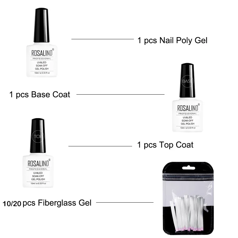 Комплект гель лака ROSALIND из стекловолокна для наращивания ногтей комплект 10/20 шт.