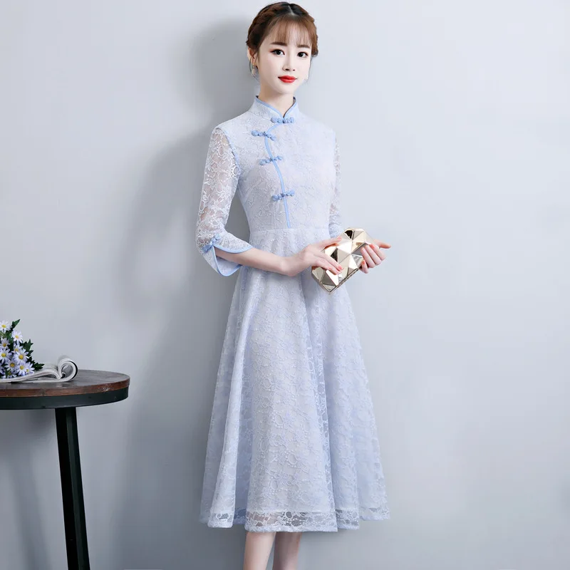 Модное кружевное платье Ципао в Корейском стиле с коротким рукавом Cheongsam Goddess