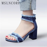 plus size 34 43 fashion zapatos mujer chunky ladies shoes women ankle strap high heels summer femme denim sandals gladiator new